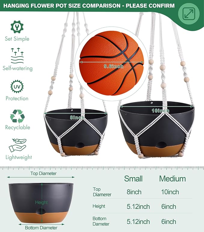 montresor Set of 2-8 Inch Hanging Planters for Indoor Plants with Self-Watering Includes Hanging Pots for Plants, Outdoor Hanging Plant Pot with Drainage, and 2 Types of Baskets Hangers (Black) Montresor