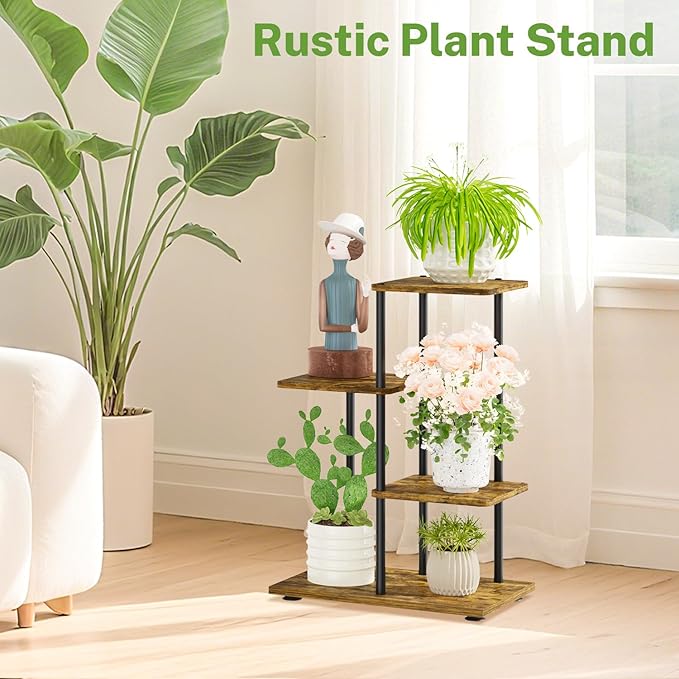 iDavosic.ly 3 Tier Plant Stand Indoor, Tiered Corner Metal Wood Multiple Flower Holder Shelf, 25 Inch Tall Orchid Display Rack for Patio Porch Living Room Balcony Outdoor, Modern Black & Rustic Brown iDavosicly