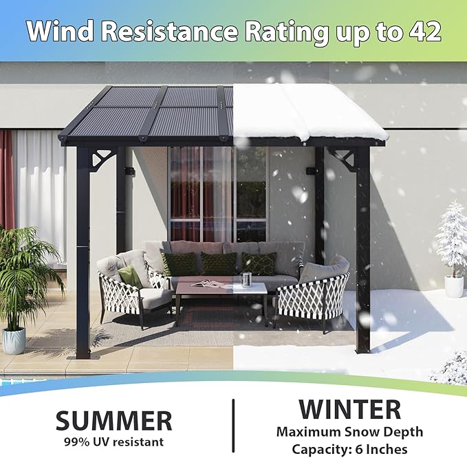 Aoxun 8'x 10' Premium Gazebo with Aluminum Top Frame & Polycarbonate Panel, Wall Mounted Gazebos Pergola, Outdoor Patio Lean to Gazebo, Awnings with Sloped Roof, for Backyard, Porch, Deck Aoxun