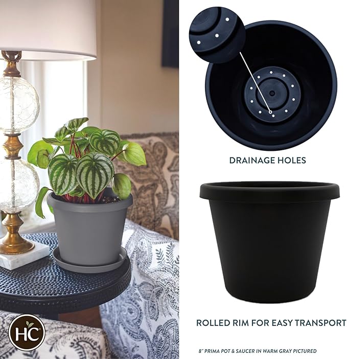 The HC Companies 16 Inch Round Prima Planter - Plastic Plant Pot with Rolled Rim for Indoor Outdoor Plants Flowers Herbs, Black TheHCCompanies