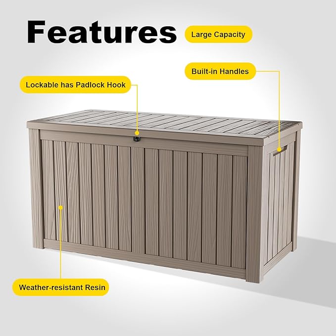 ROJIK Outdoor Storage Housing Deck Box - Waterproof Patio Furniture, Garden Tools, Cushions, Pool Accessories Storage Bench with Lockable Lid and Side Handles (Grey, 180 Gal) ROJIK