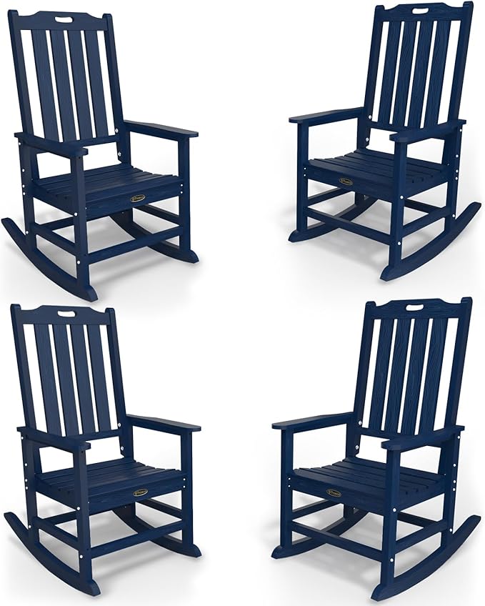 Oversized Rocking Chair Set of 4, Outdoor Rocking Chair for Adults, All Weather Resistant Porch Rocker for Lawn Garden, Navy Blue THOEOE