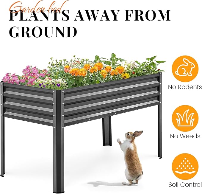 KING BIRD Large Raised Garden Bed with Legs Galvanized Elevated Planter Box 48×24×32 in for Backyard, Patio, Balcony, 400lb Capacity, Dark Grey 2pcs KINGBIRD