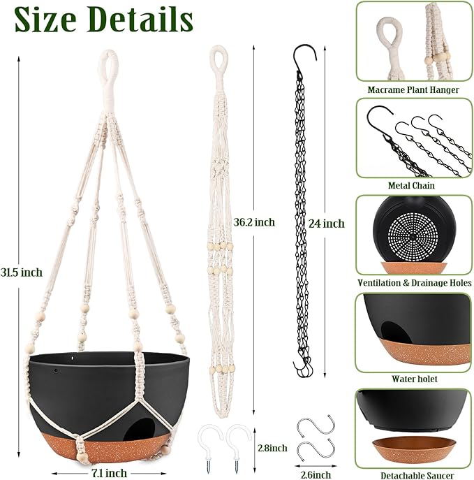 Hanging Planters for Outdoor Indoor Plants, 2 Pack 12 Inch Hanging Basket Plants Outdoor, Self Watering Hanging Planter with Plant Hanger for Garden Home Decoration (2 Type Plant Hangers Black) Lucieblessdesign