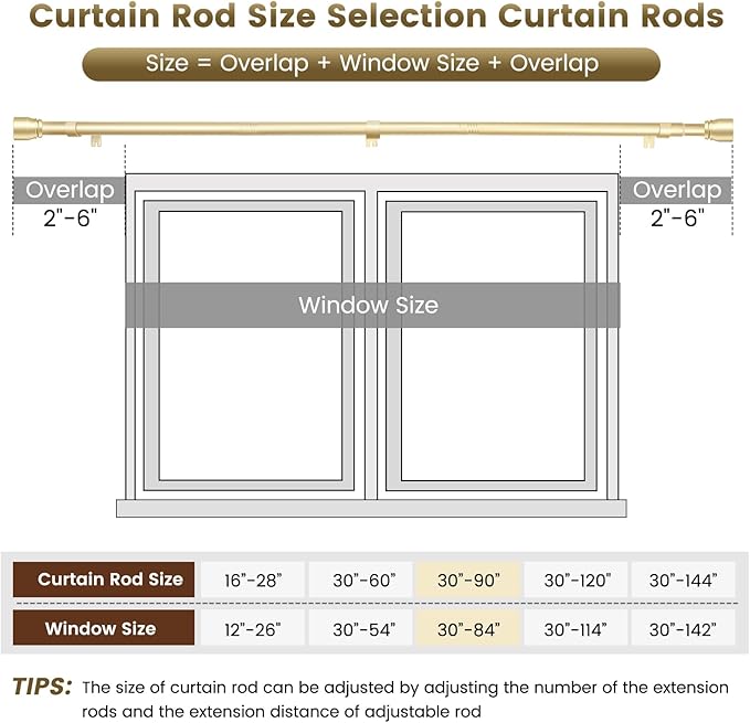 1” Diameter Gold Curtain Rods Itself is 30 to 90 inch, 1 Pack Fit 30-84 inch Windows with Heavy Duty Adjustable Rod 1 Inch Diameter Splicing Metal Extra Long Curtain Rod Rootora