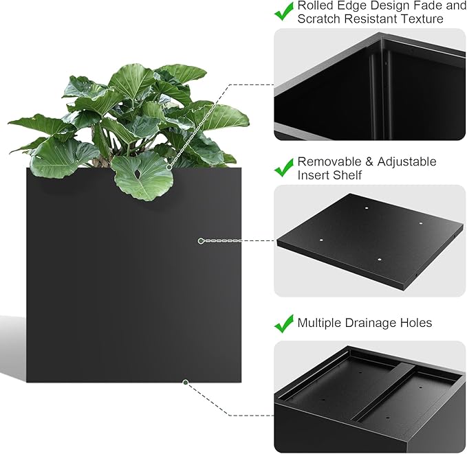 Metal Large Planter Box 26" L x 26" W x 26", Heavy Duty Tall Rectangle Outdoor Planter Box with Removable Insert Shelves for Porch, Garden, Patio, Yard (Black) Baotree