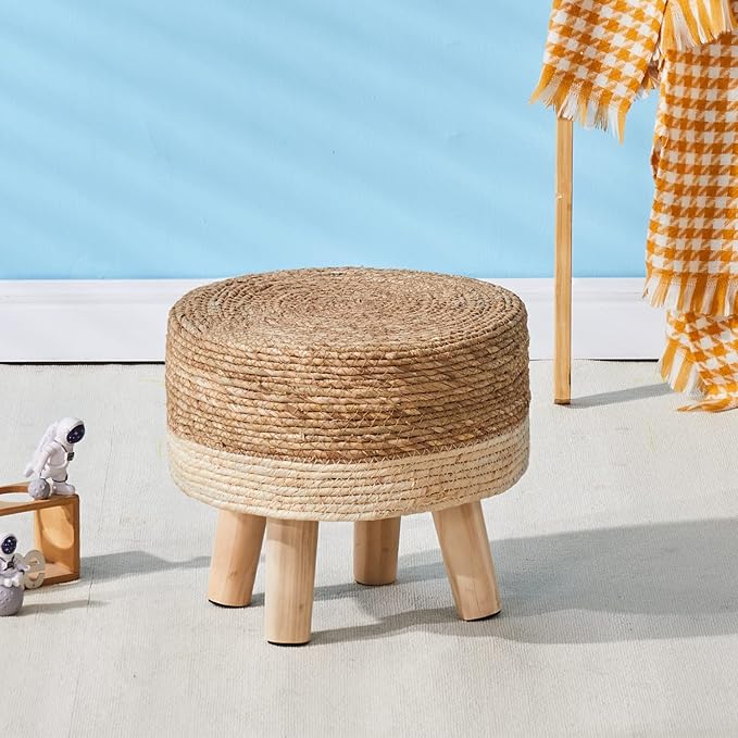 Cpintltr Foot Stool Natural Seagrass Hand Weave Poufs Round Ottoman for Couch Desk Soft Step Stool Padded Foot Rest with Non-Skid Pine Legs for Hallway Office Lounge Natural/White CpintltrFruniture
