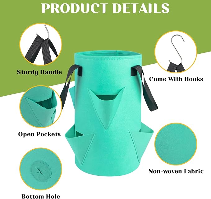 5 Pack Upside Down Strawberry Hanging Planter, 3 Gallon Tomato Hanging Grow Bags with 5 Hooks, Hanging Tomato Strawberry Grow Planters Vegetable Planting Bags with 6 Planting Holes for House Garden Rootora