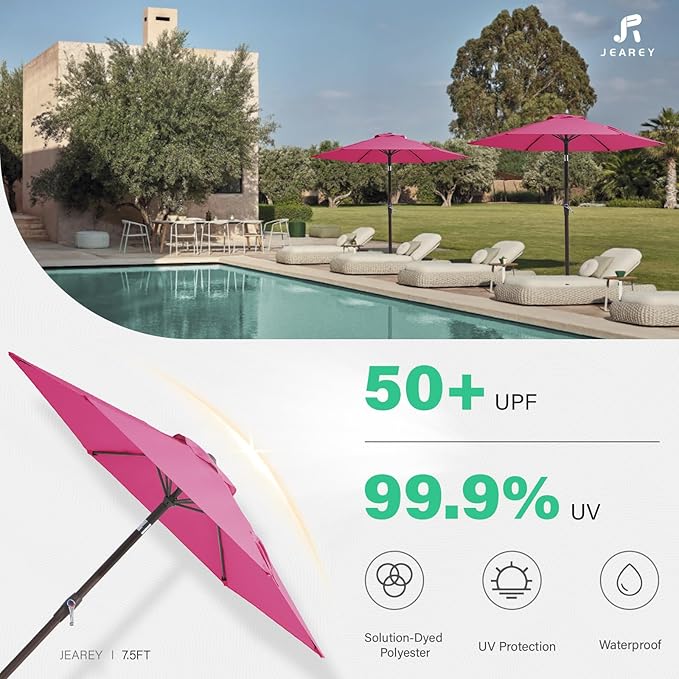 JEAREY 7.5FT Patio Umbrella Market Table Umbrella with 6 Sturdy Ribs, Push Button Tilt/Crank Outdoor Umbrella for Garden, Deck, Backyard, Pool and Beach,Rose Pink JEAREYOutdoorsCollection