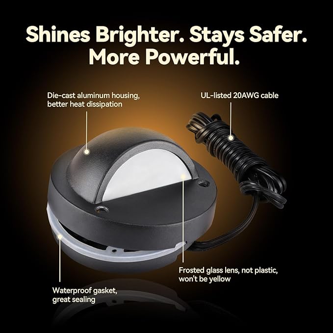 LEONLITE 12-Pack Update 5CCT LED Low Voltage Deck Lights, 180LM 3.74inch Landscape Step Railing Fence Light, 12-24V AC/DC, CRI90, Die-cast Aluminum Housing & Frosted Glass Lens, UL Cord, Black LEONLITE