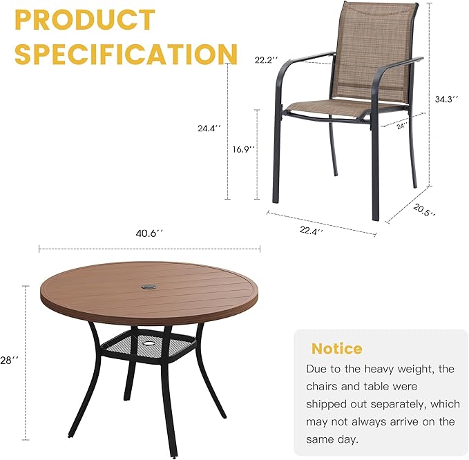 VICLLAX 5 Pieces Patio Dining Set for 4, Outdoor Furniture Set Includes 40.7" Round Patio Table and 4 Patio Stackable Chairs, Walnut Tabletop and Brown Fabric HOME