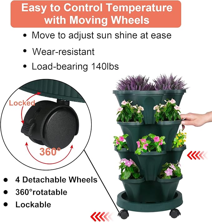 DUNCHATY Stackable Planter, Vertical Garden Planter with Wheels and Tools, Self Watering Strawberry Planter Indoor/Outdoor 4 Tier Herb Planter Pots for Growing Vegetables and Succulents,Pine Green DUNCHATY