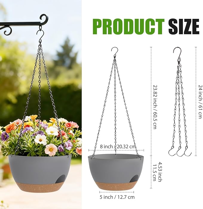8 Inch Hanging Planters for Indoor Outdoor Plants, 4 Pack Plastic Self Watering Hanging Baskets with Drainage Holes and Chain for Garden Porch SQKH