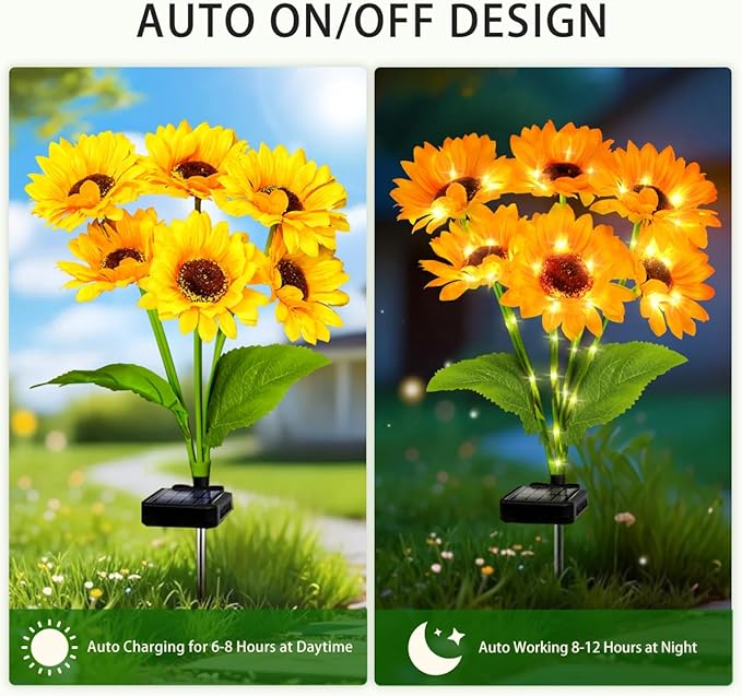 4 Pack with 24 Solar Sunflower Lights Outdoor Decorative Lights for Garden, Birthday Gift for Mom and Friends, IP65 Waterproof Sunflower Garden Stake Lights for Yard Patio Lawn Pathway yulloyello
