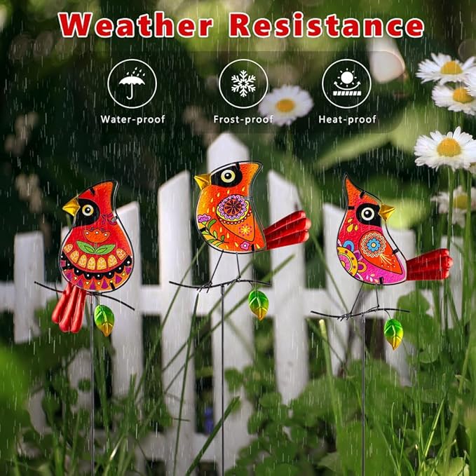 Decorative Garden Stakes,Set of 3 Cardinal Stained Glass Metal Yard Art,Waterproof Outdoor Decor Housewarming Present for Women Mom Grandma SATHGA