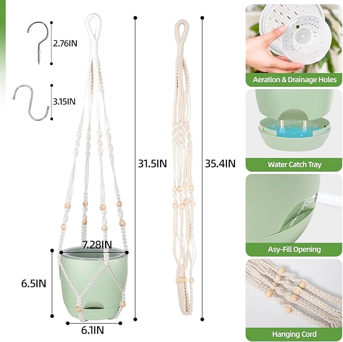 2-Pack 7..1-Inch Self-Watering Hanging Planters for Indoor & Outdoor Plants,34Inch Macrame Hanger Plant Pots Indoor with Drainage,Small Hanging Planters & Baskets,With Two Sets of Hooks（Pure green） QCQHDU
