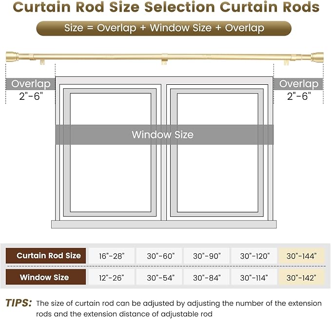 1” Diameter Curtain Rods Itself is 30 to144 inch 1 Pack Fit 30-142 inch, 66 to 120 inch Window with Heavy Duty Adjustable Rod Gold Curtain Splicing Metal Extra Long Curtain Rod for Windows Rootora