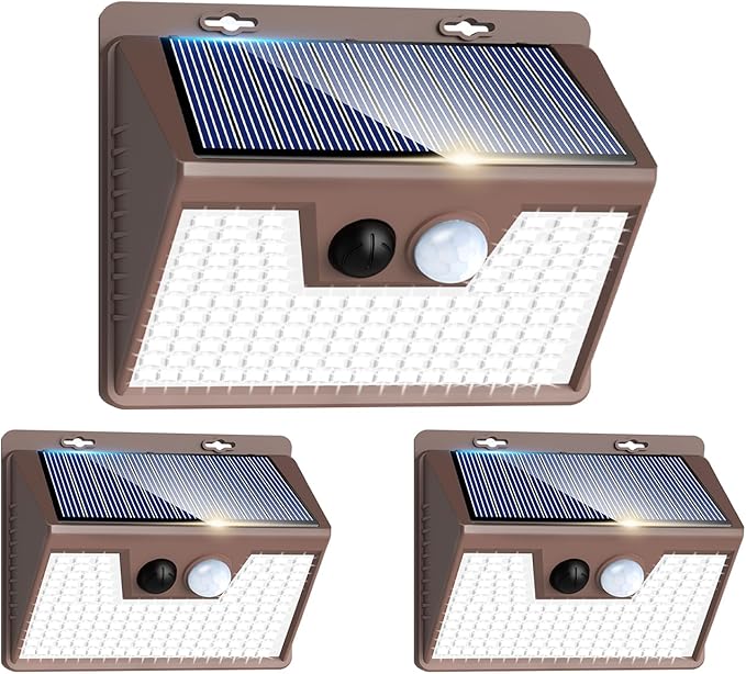 Peasur Solar Lights Outdoor Motion Sensor [3 Pack/140LED/Brown], Ultra-Bright 3 Mode Fence Security Light Waterproof, Solar Wall Lighting for Patio Yard Step House Outside Peasur