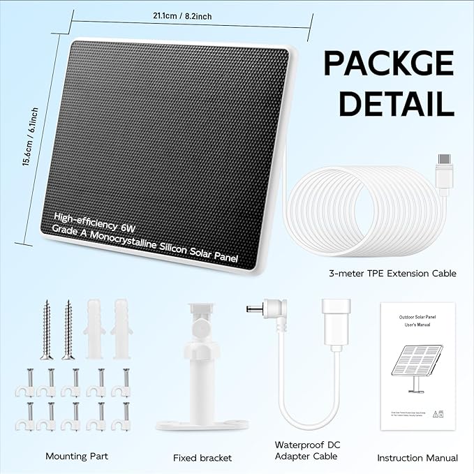 Solar Panel for Ring Camera, 6W Solar Charger Compatible with Rings Spotlight Cam/Plus/Pro/Rings Stick Up Cam Batterys, 10ft Long Cable with USB-C to Ring Barrel Plug Adapter Rootora