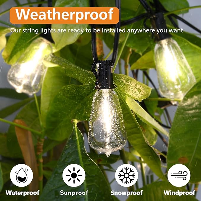 Brightever 150FT Outdoor Lights with Remote, 2700K/4000K/5000K Selectable LED String Lights for Outside with 75+2 ST38 Shatterproof Edison Bulbs, 3 Modes Dimmable Waterproof Hanging Lights for Patio Brightever