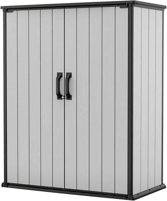 Keter Premier Tall 4.6 x 5.6 ft. Resin Outdoor Storage Shed with Shelving Brackets for Patio Furniture, Pool Accessories, and Bikes, Grey & Black Keter