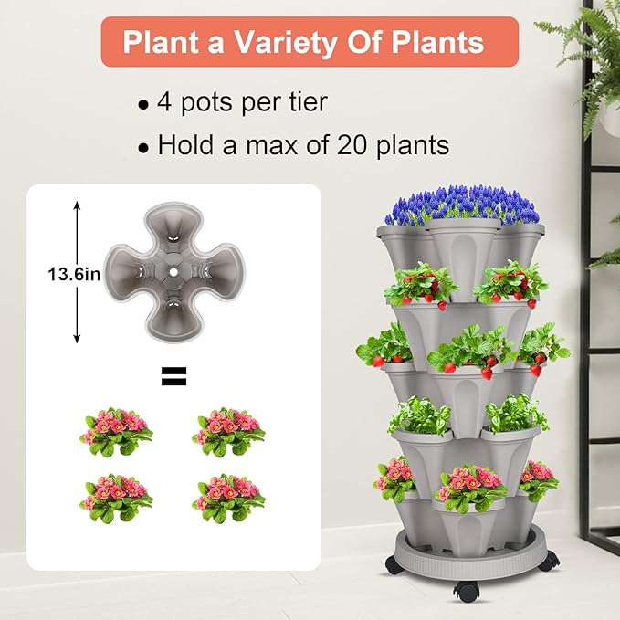 DUNCHATY Stackable Vertical Garden Planter with Wheels and Tools, Self-Watering Indoor/Outdoor 5-Tier Herb Planter for Growing Vegetables and Succulents, Gray DUNCHATY