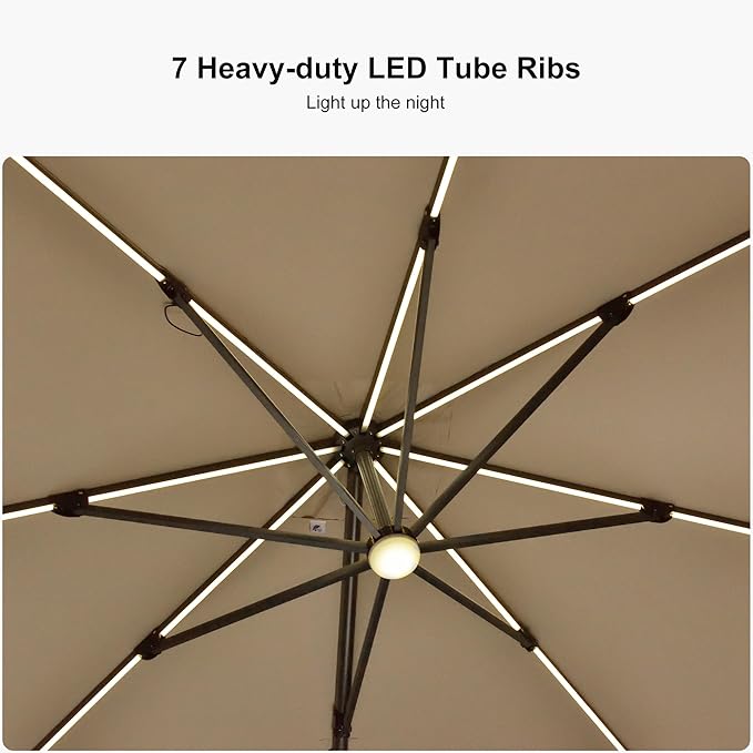 PURPLE LEAF 10 Feet Patio Umbrella Outdoor Cantilever Solar Powered LED Square Umbrella Aluminum Offset Umbrella with 360-degree Rotation for Garden Deck Pool Patio, Beige PURPLELEAF
