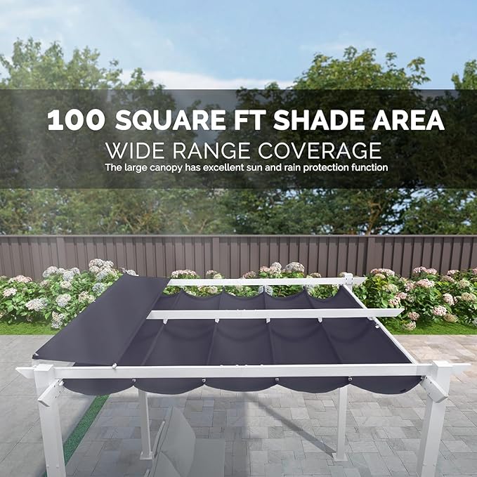 PURPLE LEAF 10' x 10' Outdoor Aluminum Pergola White Heavy-Duty Retractable Pergolas Patio Metal Pergola with Double Sun Shade Canopy and Light for Backyard Gardens Deck, Navy Blue Rootora