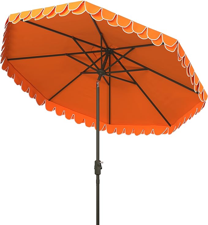 SAFAVIEH 9ft Outdoor Patio Umbrella, Round, Valance, Orange, Auto Crank Tilt, UV Resistant for Deck, Backyard, Poolside (PAT8006O) SAFAVIEH