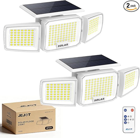 White Solar Security Light Outdoor Super Bright LED, Motion Sensor Flood Light, 3 Heads 270° Wide Angle, Remote Control, IP65 Waterproof, 3 Modes (2 Packs) JEJOT