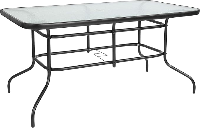 Flash Furniture Tory 31.5" x 55" Rectangular Tempered Glass Metal Patio Table with Umbrella Hole, Modern Rippled Glass Outdoor Dining Table, Black FlashFurniture