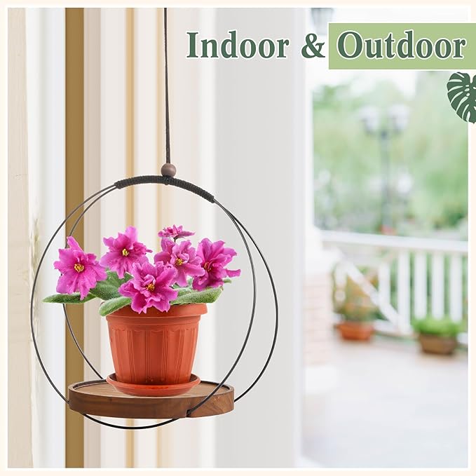 1 Pack Hanging Planters for Indoor Black Plant Hanger with Round Wood Base Large Indoor Hanging Plant Shelf Boho Holder Gift for Mom,housewarming (Round) Threehoney