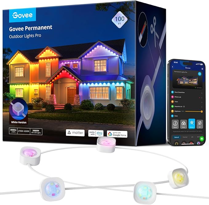 Govee Permanent Outdoor Lights Pro, 100ft with 60 RGBIC LED Lights for Daily and Accent Lighting, 75 Scene Modes for Outdoor Decor, IP67 Waterproof, Works with Alexa, Google Assistant, Matter, White Govee