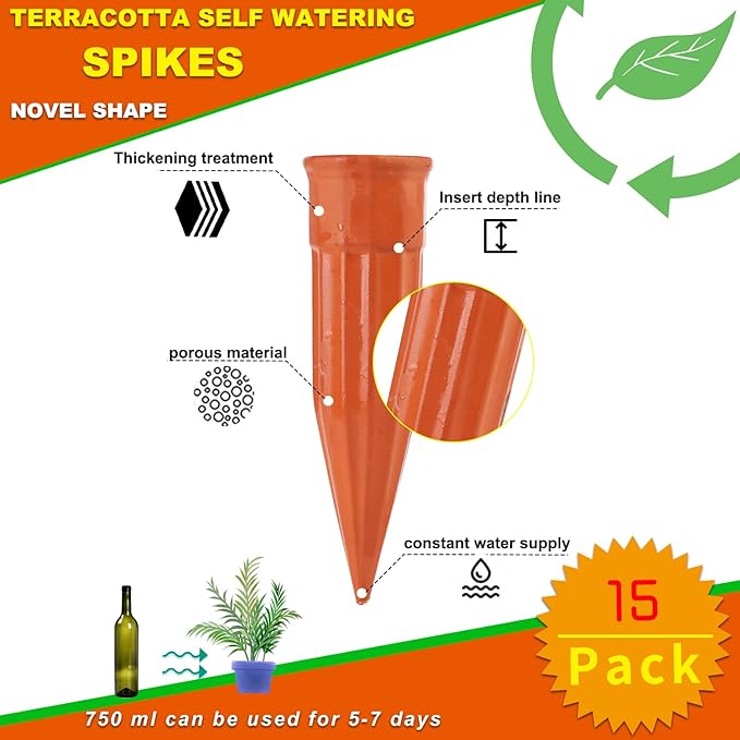 Plant Self-Watering Stakes-15 Pack Terracotta Automatic Plant Waterer Devices Auto-Water Irrigation System for Indoor/Outdoor Plants TKSCUSR