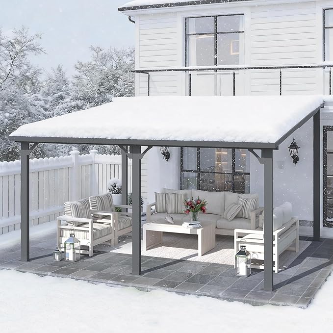 AECOJOY 12' x 14' Outdoor Hardtop Metal Gazebo for Patio, Large Lean to 14x12 Galvanized Steel Heavy Duty Wall Mounted Pergolas and Grill Gazebos Clearance, Patio Pergola Metal Roof Awnings for Decks AECOJOY