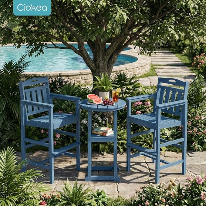 Ciokea 3-Pcs Bistro Table and Chairs, All-Weather Round High Top Bar Table with Storage Shelf and 2 Oversized Adirondack Chairs, Heavy Duty Outdoor Bar Patio Bistro Set for Balcony Deck, Navy Blue CIOKEA