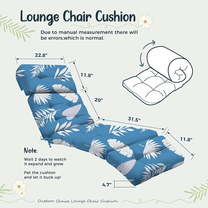 4 Pack Outdoor Chaise Lounge Chair Cushion 75.1 x 22.8 x 4.7 Inches 100% Waterproof Replacement Cotton Patio Pool Lounge Chair Cushion for Outdoor Furniture with Ties, Blue Leaf Uthem