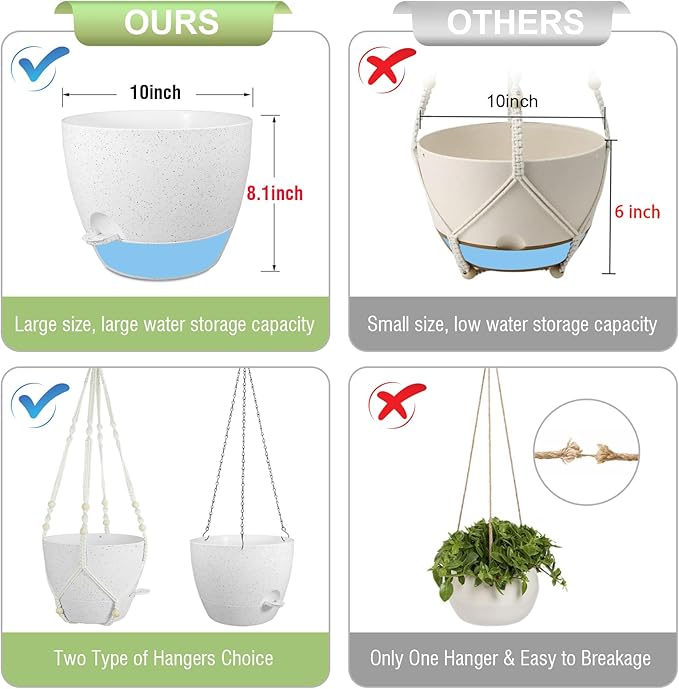 10 inch Self Watering Hanging Planters, 2 Pack Hanging Baskets for Indoor Outdoor Plants, Hanging Flower Pots with Drainage Holes and 2 Kinds of Plant Hangers for Garden Decor, Speckled White Meowell