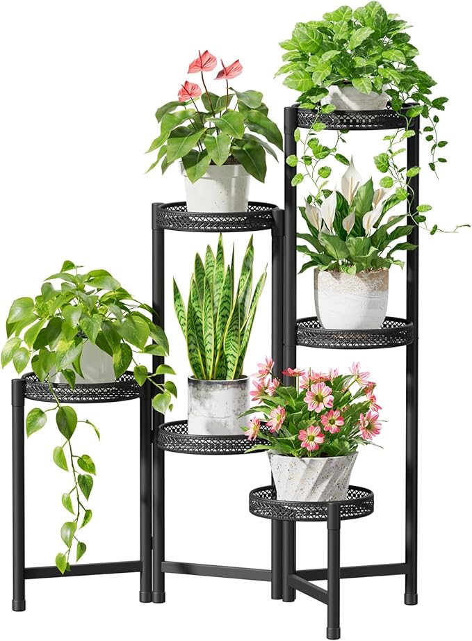 iDavosic.ly Plant Stand Indoor Outdoor, 6 Tier Corner Metal Flower Display Holder Shelf, Folding Tall Orchid Rack for Patio Balcony Porch Garden Living Room House, Wrought Iron - Modern Black iDavosicly