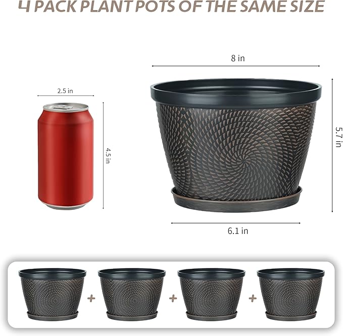 Quarut 4 Pack 8 Inch Flower Pots for Outdoor Indoor, Plastic Plant Pots with Drainage Hole & Saucer, Lightweight Small Flower Pot, Circle Pattern Planters for Garden House planters（Brown） Quarut