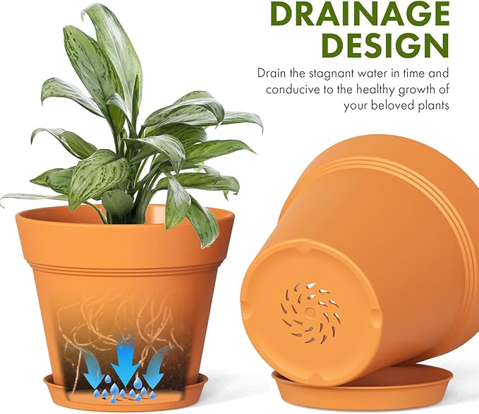 6 Inch Thick Plastic Plant Pots with Drainage Holes and Trays – 6 Pack Nursery Pots for Indoor & Outdoor House Plants, Seedling Starter Planters for Garden Flowers, Terracotta WSMKSZ