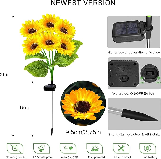 4 Pack with 24 Solar Sunflower Lights Outdoor Decorative Lights for Garden, Birthday Gift for Mom and Friends, IP65 Waterproof Sunflower Garden Stake Lights for Yard Patio Lawn Pathway yulloyello