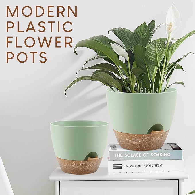Plant Pots 10/9/8/7.5/7 inch, Self Watering Planters with Drainage Holes & Saucers for Indoor and Outdoor Plants (Green) AFamilyofGardenLovers