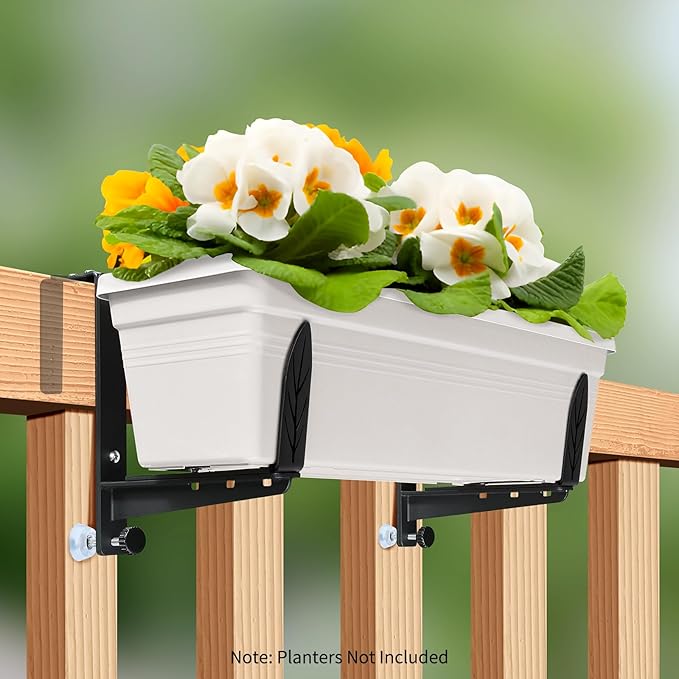 Window Box Brackets, Adjustable Planter Box Brackets, Heavy Duty Iron Flower Box Bracket for Deck Railing with Upgraded Bottom Support - Ideal for Balconies, Fences, and Gardens (4 Pack) VOXOR