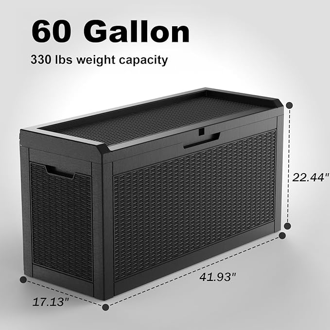 ROJIK Outdoor Storage Housing Deck Box,Waterproof Patio Furniture, Garden Tools, Cushions, Pool Accessories Storage Bench with Lockable Lid and Side Handles (Black,60 Gallon) ROJIK