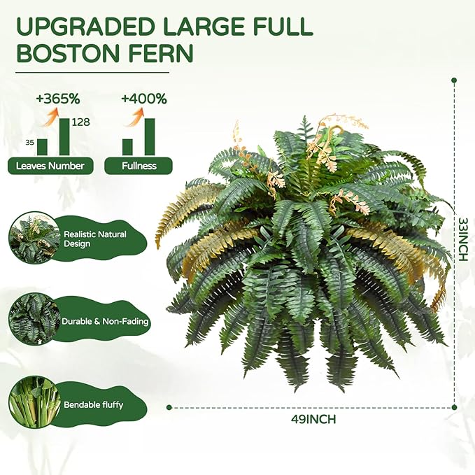 49” Artificial Ferns for Outdoors Planter, 128 Leaves per Fern, Set of 2, Large Lush Fake Boston Ferns Hanging Plants, UV Resistant Faux Greenery for Porch Patio Garden Home Decor Indoor Outdoor FAJUNZH