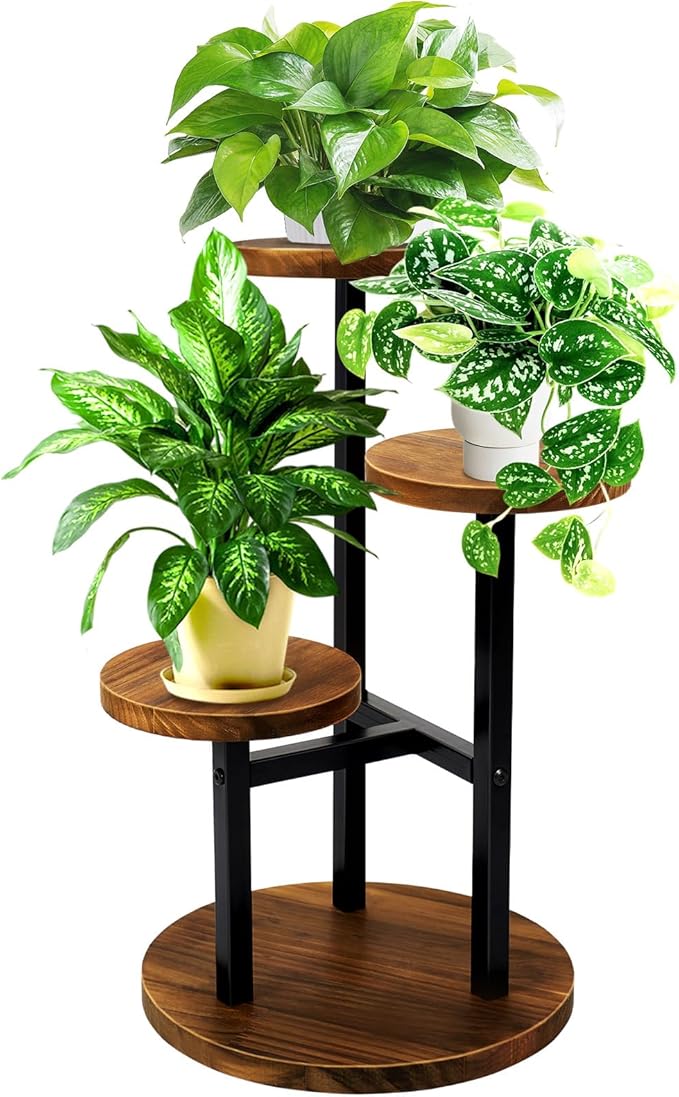GEEBOBO 3 Tier Plant Stand Indoor, Metal Wood Plant Stands For Indoor Plants Multiple, Corner Tiered Flower Plants Shelf Stand for Living Room Bedroom, Brown GEEBOBO