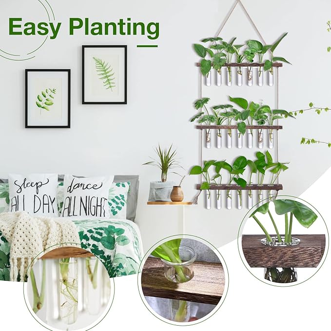 XXXFLOWER Wall Hanging Propagation Station with Wooden Stand 21 Glass Test Tubes 3 Tiers Planters Wall Terrarium for Home Office Plant Hanger Flower Vases Wall Decor Hydroponic Cuttings XXXFLOWER