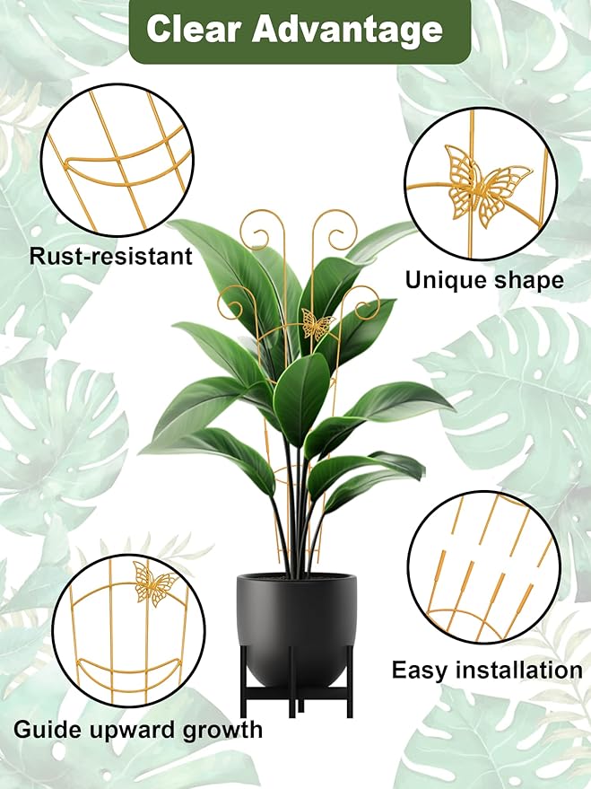 4Pcs Indoor Plant Trellis for Potted Plants, 30" Taller Expandable Garden Metal Trellis for Climbing Plants Outdoor, Houseplant Support Stakes for Ivy Pothos Hoya Flower (Gold) Whtawtaw