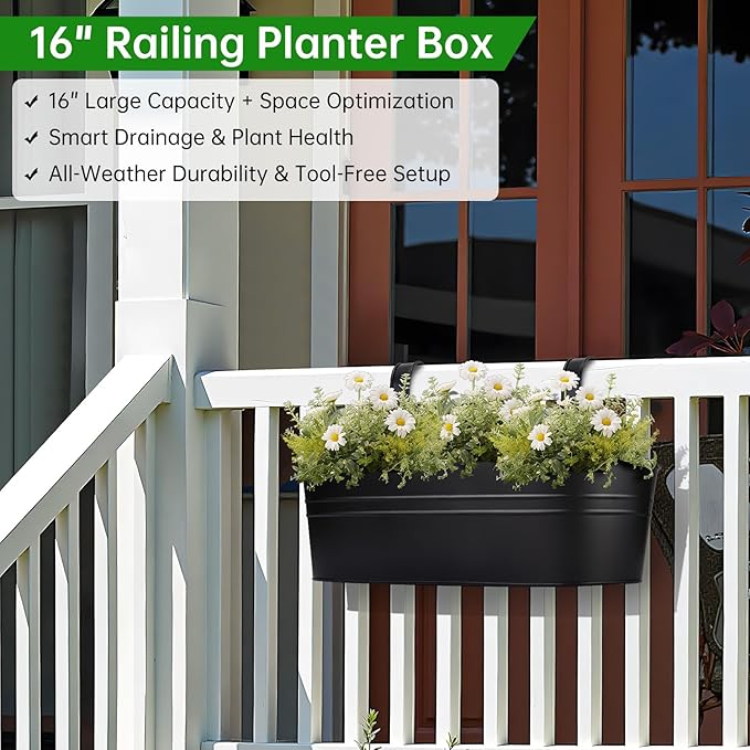 OGIMA Railing Planter Box, 3 Pack 16" Large Hanging Planters for Outdoor Plants with Adjustable Wide Hooks for 2.7'' Railings, Balcony Planters Railing Hanging for Deck, Fence & Patio Decor OGIMA